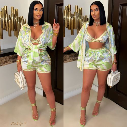 Printed beach swimsuit, chest wrapped shirt, shorts three piece set