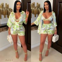 Printed beach swimsuit, chest wrapped shirt, shorts three piece set Printed beach swimsuit, chest wrapped shirt, shorts three piece set