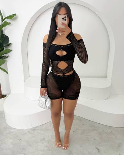 Fun hollowed out perspective mesh clothing high elasticity jumpsuit