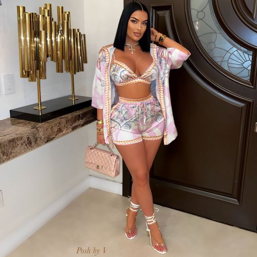 Printed beach swimsuit, chest wrapped shirt, shorts three piece set