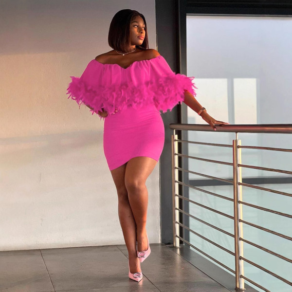 One shoulder feather elastic hip hugging dress