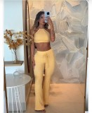 Waffle halter top, high waisted strap, tight fitting flared pants set