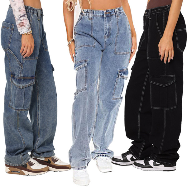High waisted elastic waistband, loose waistband, wide leg workwear, multi pocket jeans