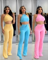 Waffle halter top, high waisted strap, tight fitting flared pants set Waffle halter top, high waisted strap, tight fitting flared pants set