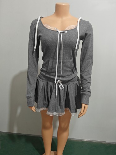 Lace patchwork short hooded sweatshirt half skirt two-piece set