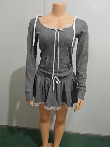 Lace patchwork short hooded sweatshirt half skirt two-piece set