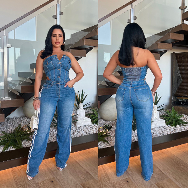 Strapless one shoulder straight leg wide leg denim jumpsuit