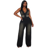 Elastic wash denim jumpsuit with neck hanging and loose fit