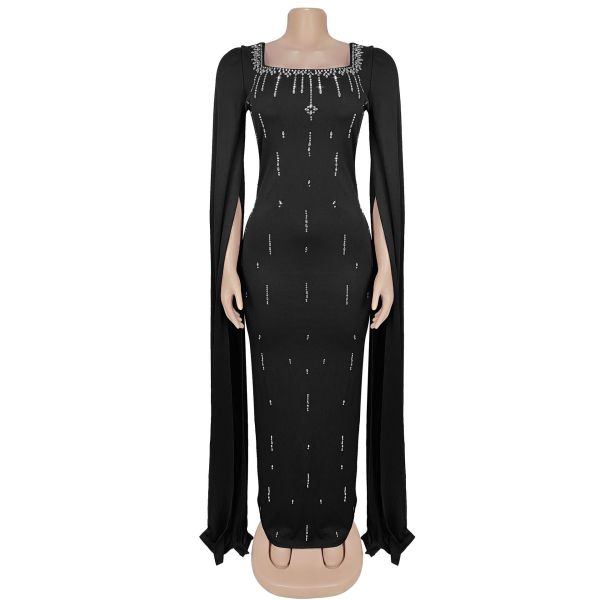 Rear slit cape sleeve rhinestone dress