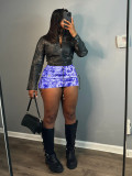 Printed pleated elastic spring buckle pocket workwear skirt
