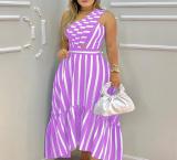 Slanted shoulder long skirt with printed large swing stripe dress