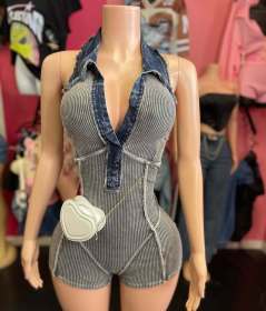 Pit striped denim patchwork jumpsuit shorts