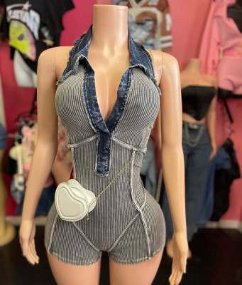 Pit striped denim patchwork jumpsuit shorts