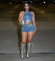 Neck tied elastic shorts set, shorts denim set