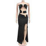 Solid color slim fit slit jumpsuit long skirt