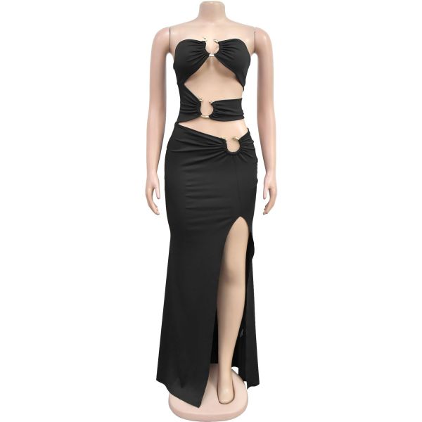 Solid color slim fit slit jumpsuit long skirt
