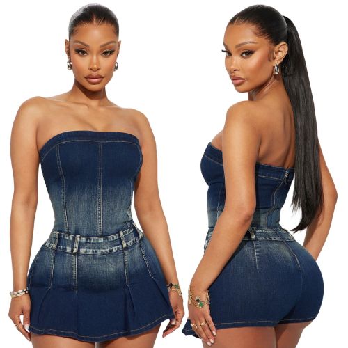 High stretch washed denim strapless one shoulder jumpsuit skirt