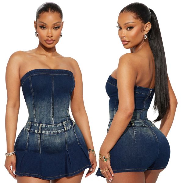 High stretch washed denim strapless one shoulder jumpsuit skirt