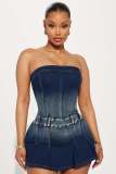 High stretch washed denim strapless one shoulder jumpsuit skirt