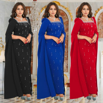 Rear slit cape sleeve rhinestone dress