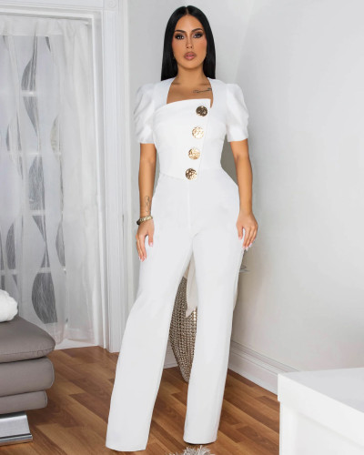 Line splicing large button short sleeved jumpsuit