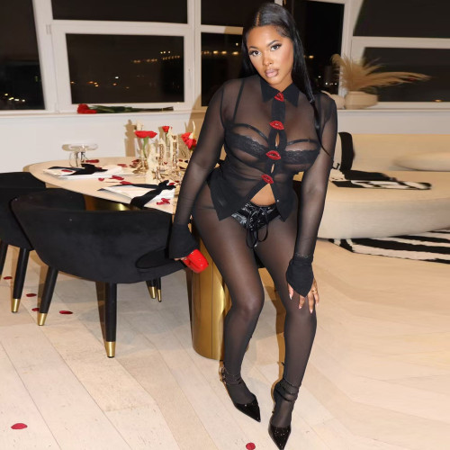 Long sleeved brick lip buttoned mesh shirt+leather mesh pants two-piece set