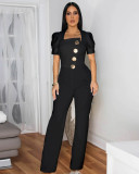 Line splicing large button short sleeved jumpsuit