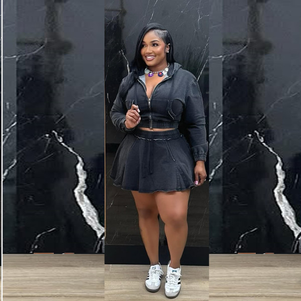 Washed denim short skirt set