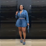Washed denim short skirt set
