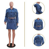 Washed denim short skirt set