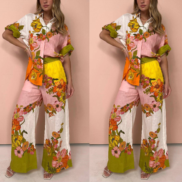Printed cotton and linen top+wide leg pants two-piece set