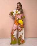 Printed cotton and linen top+wide leg pants two-piece set