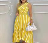 Slanted shoulder long skirt with printed large swing stripe dress