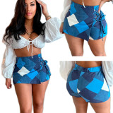 Strap zipper wrapped hip blue shorts