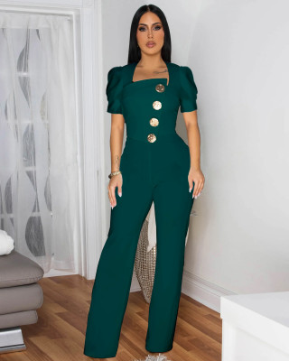 Line splicing large button short sleeved jumpsuit