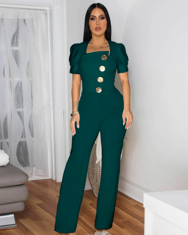 Line splicing large button short sleeved jumpsuit