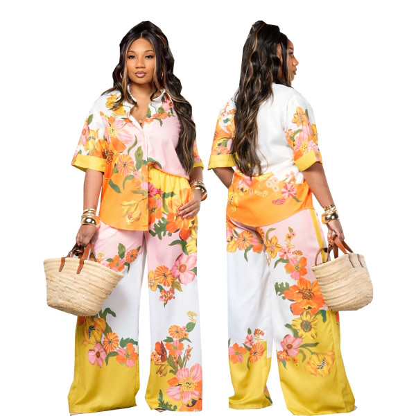 Printed shirt waist cinching wide leg pants set