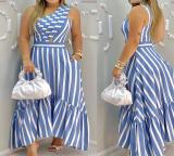 Slanted shoulder long skirt with printed large swing stripe dress