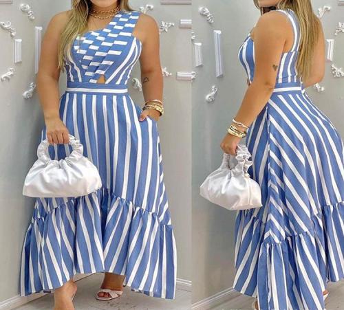 Slanted shoulder long skirt with printed large swing stripe dress