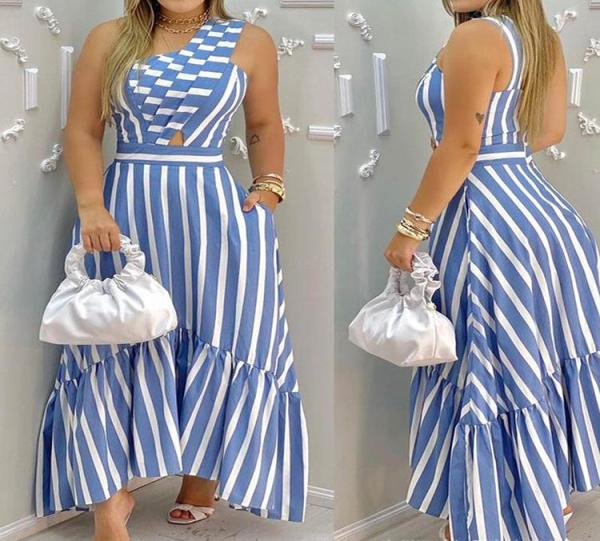 Slanted shoulder long skirt with printed large swing stripe dress