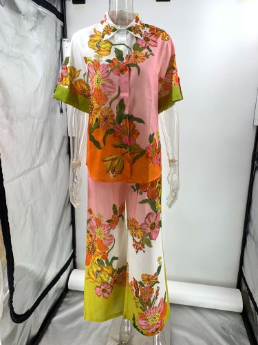 Printed cotton and linen top+wide leg pants two-piece set