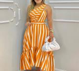 Slanted shoulder long skirt with printed large swing stripe dress