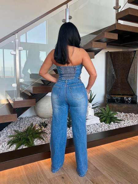 Strapless one shoulder straight leg wide leg denim jumpsuit