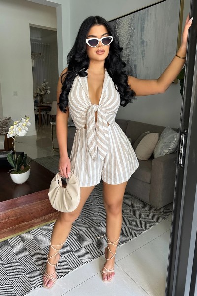 Neck tied striped backless sleeveless camisole jumpsuit