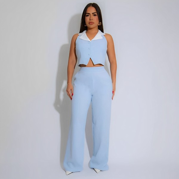 Splicing contrasting color top loose straight leg pants set