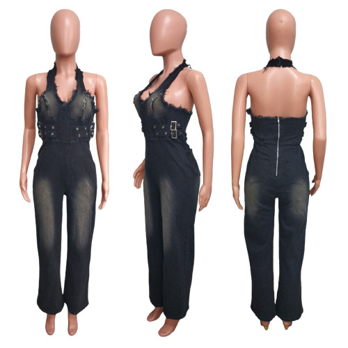 Elastic wash denim jumpsuit with neck hanging and loose fit