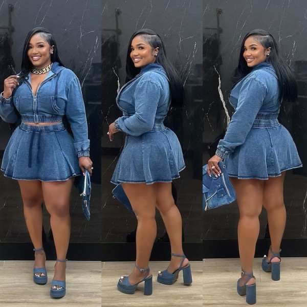 Washed denim short skirt set