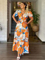 Printed V-neck bubble sleeve waist cinching patchwork long skirt