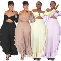 Irregular ruffled slit dress with wrapped chest and exposed navel