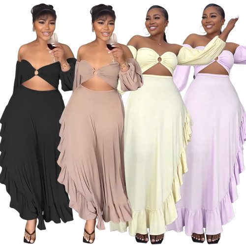 Irregular ruffled slit dress with wrapped chest and exposed navel